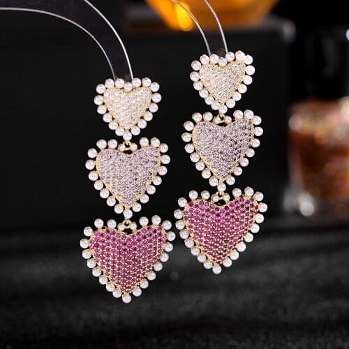 Luxury Zirconium Exquisite Earrings Gradually Changing Purple Zircon Long Temperament Love Heart Dangle Earrings for Women