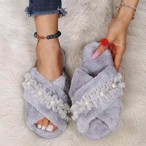 Autumn and Winter Indoor Fuzzy Slippers Female String Bead Fluffy Slipper Ladies Soft Plush House Slippers for Women 2021 Hot