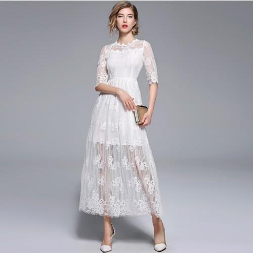 2021 New Arrival women Runway white Lace Long Dress summer Round collar short sleeves Dress