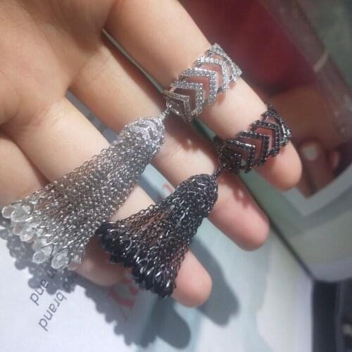 SLJELY Solid 925 Sterling Silver Tassel Crystal Finger Ring Micro Paved Cubic Zirconia Stones for Women Girl Party Jewelry Gift