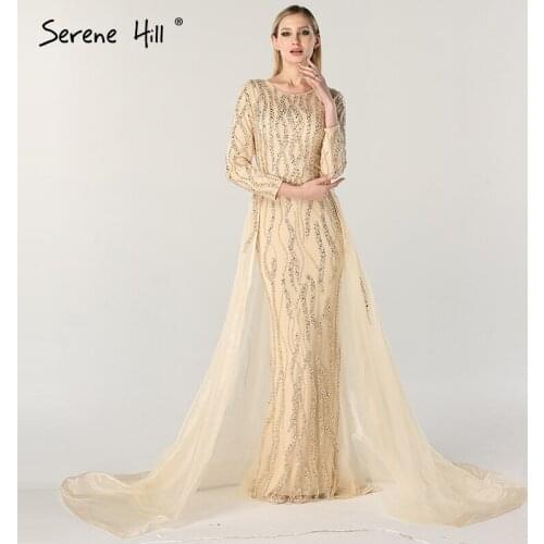 Dubai Designer Luxury Arabic Evening Dresses Nude Long Sleeves Beading Sequined Mermaid Gown 2020 Robe De Soiree BLA6302