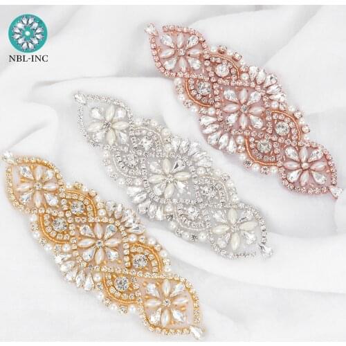 1PC) Silver gold crystal pearl rhinestone bridal belt wedding applique iron on sew on for wedding dress WDD0017