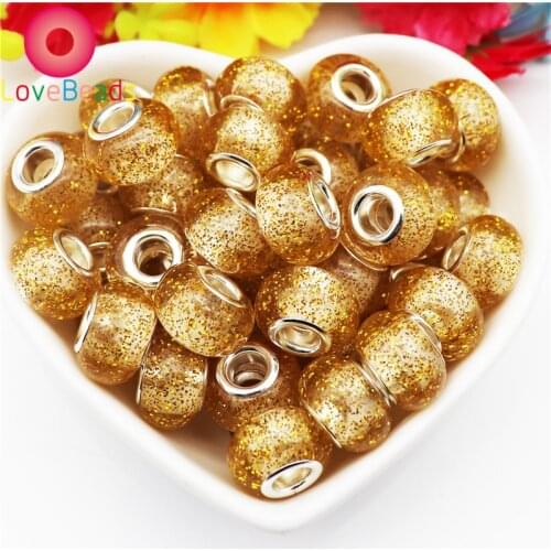 10pcs Gold Glitter 14x9mm Big Round 5mm Large Hole Rondelle European Beads Charms Fit DIY Snake Chain Bracelet Bangle Jewelry