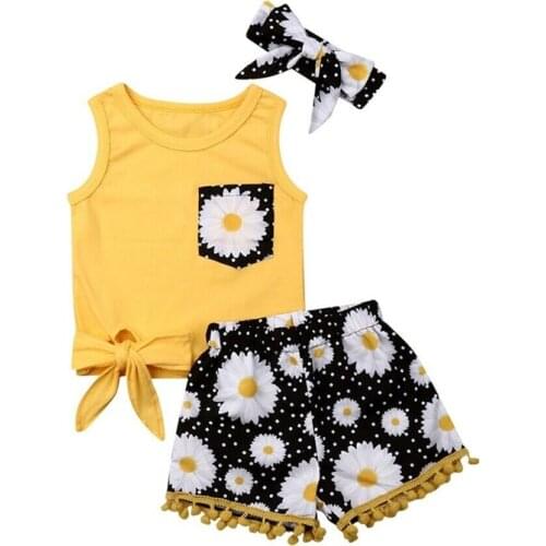 3Pc Set Toddler Kids Baby Girls Clothes Sleeveless T shirts Tops+Floral Print Shorts Fashion Cute Outfits Summer 1-5Y
