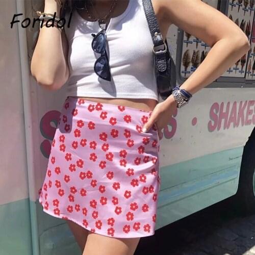 Flower print satin skirts womens 2020 summer beach pink skirts high waist A-line mini skirt fashion chic floral skirt faldas