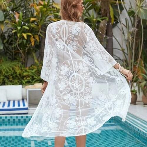 White Sexy Mesh Embroidery Beach Sun Prevented Long Korean Fashion Summer WomenS Clothing Vintage Shirts Blouses 2021
