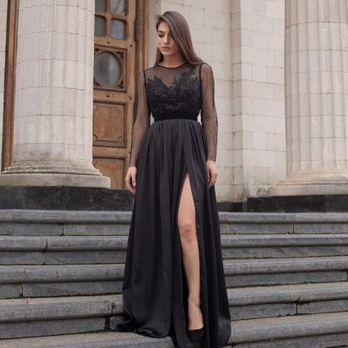 V-Neck Black Lace Long Sleeves Front Slit Prom Dress Elegant A Line Front Slit Evening Dress Vestidos Formatura
