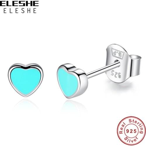 ELESHE Wholesale Lovely Blue Enamel Heart Stud Earrings 925 Sterling Silver Earrings For Women Girls Dating Jewelry Gift