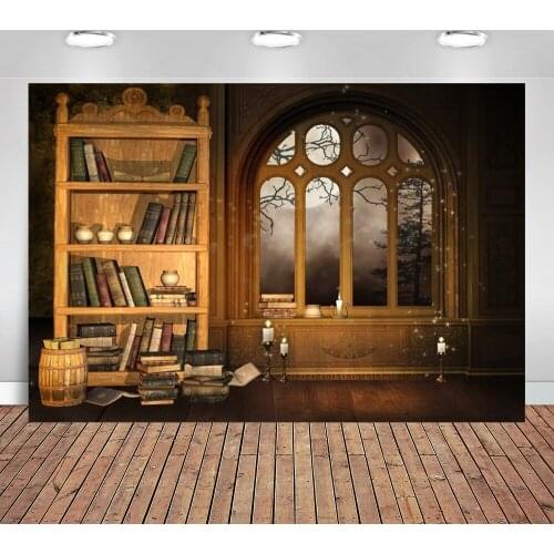 Vintage Magic Room Photography Background Retro Bookcase Backdrop Old Bookshelf Window Book Candle Moon Night Kid Girl Boy Props
