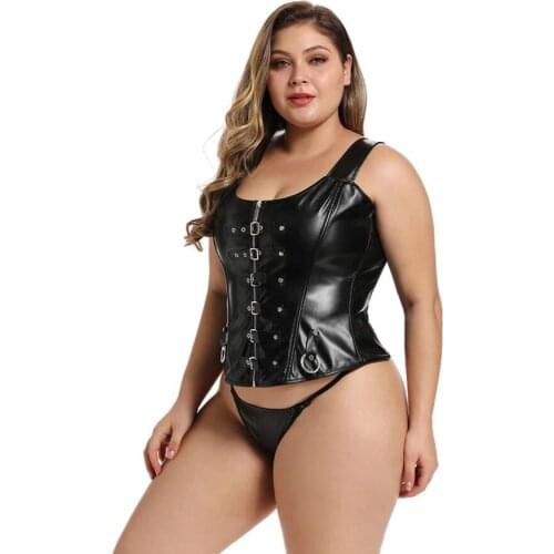 Gothic Women Sexy Shoulder Straps Gorsets Bustiers PU Leather Zip Vintage Steampunk Corselet Slimming Body Shapewear Tops