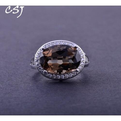 CSJ Smoky Quartz Rings Sterling 925 Silver Natural Gemstone Oval Cut 10*14mm Women Lady Wedding Engagment Party Gift Box