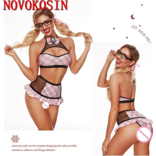 2021 Student Sexy Cosplay Uniform Bra Short Skirt Panties Set Erotic Underwear Striped Tulle Backless Vest With Eyeglass Frame