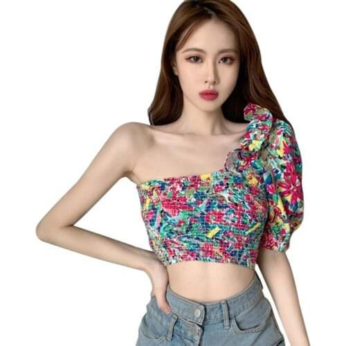 Summer New Women Chiffon Shirt Korean Floral Print Ruffled Irregular Top Slim Short Summer Ladies Blouse Tops