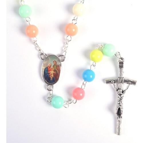 Trendy Popular Religious Round Colorful Acrylic Beads Holy Family Rosary Necklace