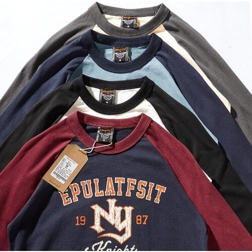 Autumn Long Sleeve O-neck Letter Print T-shirt Mens Fashion Contrast Splicing Raglan Sleeve Pure Cotton Washed Old Casual Tops