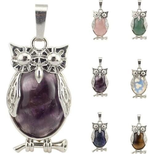 Natural Stone Mini Owl Shape Creative Pendant Necklace Europe America Fashion Charm Jewelry Reiki Heal Crystal Hanging Accessory