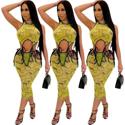 2021 European and American womens womens new style printed vest lace-up dress summer Sexy dress womens formal dresses