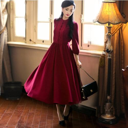 2018 Autumn Women Dress Vintage Red dresses 9/10 Sleeve Retro Swing hem Party Midi Elegant Vestidos