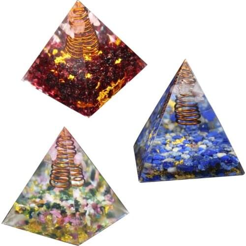 Pyramid Seven Chakras Figurine Natural Stone Orgonite Energy Crystals EMF Protection Meditation Tool Reiki Gift Home Office Deco