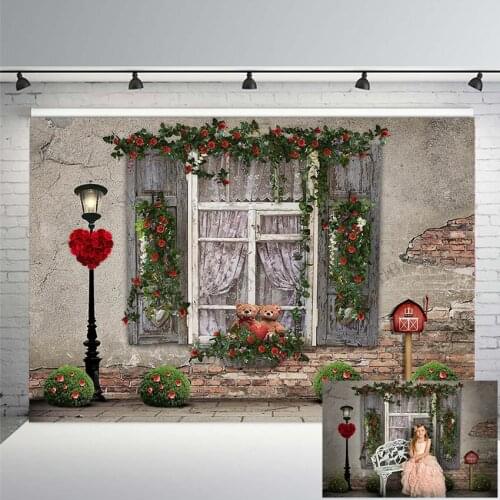 Valentines Day Brick Wall Steet Photography Background Lovers Heart Bear Window Rose Decor Backdrop Dating Phone Photo Studio