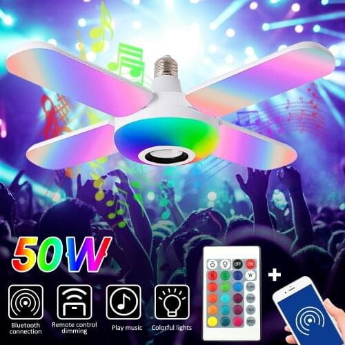 RGB Four Leaves Bluetooth Music Light 50W E27 LED Bulb With Remote Control Foldable Bulb Bluetooth Smart Speaker Fan Light