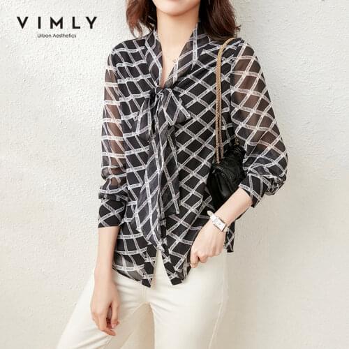 VIMLY Office Lady Shirts For Women Fashion New Letter Print Bow Chiffon Blouse Vintage Button up Shirt Female Tops Blusas F6702