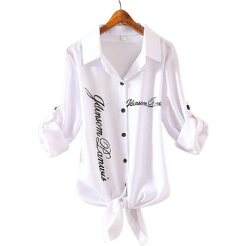 Fashion letter print Women Shirts White Blouses Kimono Summer Top Women office Shirts Sleeve Turn Down Collar Casual Cardigan