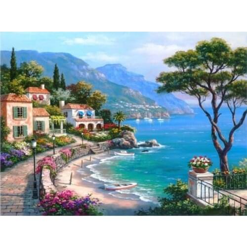 Handpainted Mediterranean Landscape Oil Painting on Canvas Sea Pattern Modern Seascape Painting for Wall Decoration No Framed