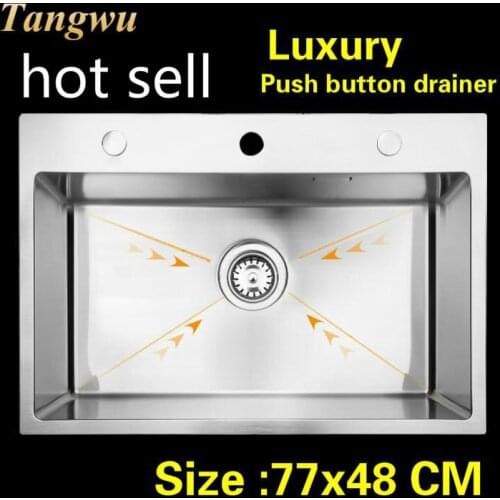 Free shipping Apartment high quality push button drainer kitchen manual sink single trough 304 stainless steel hot sell 78x48 CM