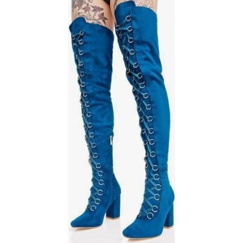 Sexy Green Women Sqaure Heels Runway Boots Pointed Toe Lace-up Metal Ring Over The Knee Thigh High Boots Chunky Heels Shoes
