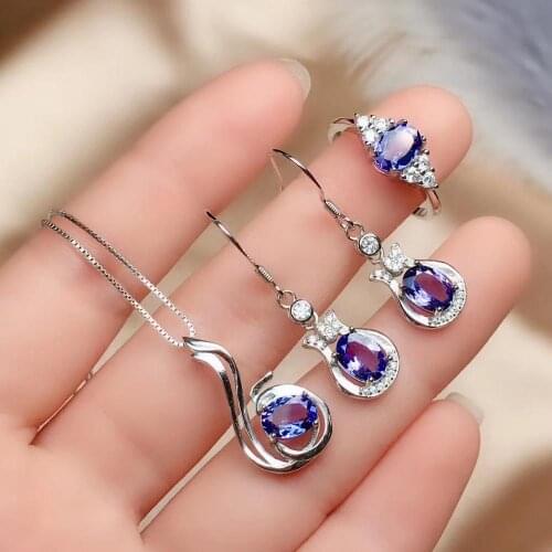 Anniversary Best Gift Natural Tanzanite Set 925 Sterling Silver 1 tanzanite pendant, 1 tanzanite ring, 2 tanzanite earrings
