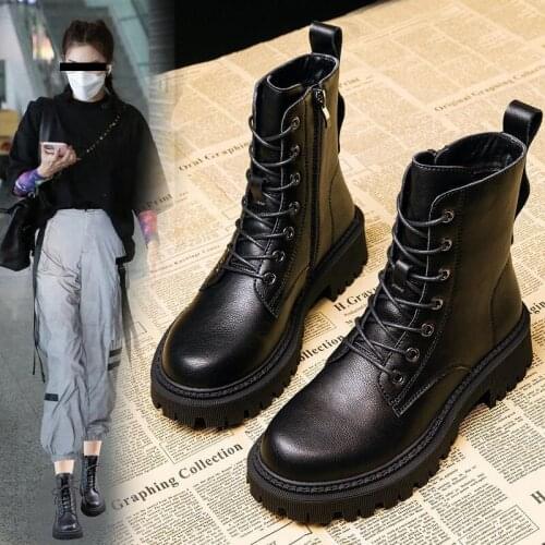 2021 Black Platform Combat Ankle Boots For Women Lace Up Buckle Strap Woman Shoes Winter Biker Boots