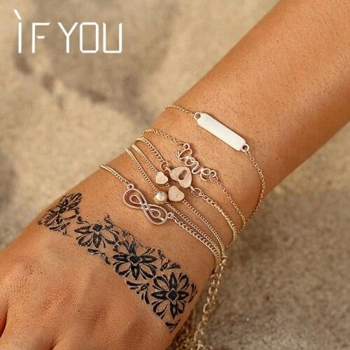 IF YOU 6Pcs/Set Multilayer Letters Bracelets Bangles Fashion Heart Alloy Geometry Charm Chain Bracelet For Women