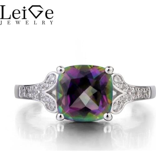Leige Jewelry Mystic Topaz Engagement Rings 925 Silver Cushion Cut Rainbow Gemstone November Birthstone Ring for Women