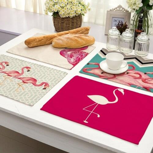 1Pcs Flamingo Leaf Pattern kitchen Placemat Tea Coasters Dining Table Mat Cup Mats Cotton Linen Pad 42*32cm Home Decor MA0051