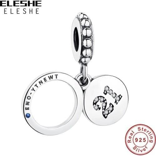 100% 925 Sterling Silver Clear CZ Bead 21 Years Old Age Round Dangle Charm Fit Women DIY Bracelet Jewelry Birthday Gift