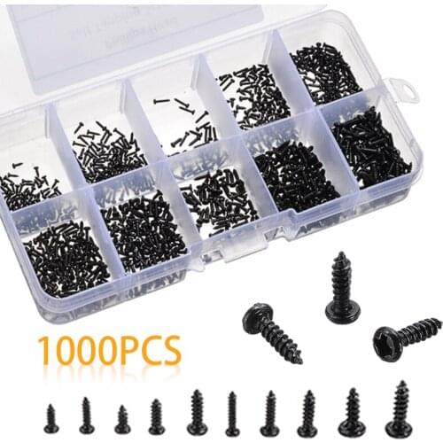 1000pcs/kit Steel Cross Head Black Round Screws Pan Self Tapping Screw Set M1/M1.2/M1.4/M1.7 Assortment Kit