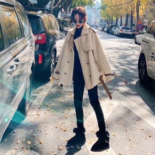 2021Lamb Plush Coat Womens Winter Rabbit Fur Korean Style Loose Artificial Fur Beige Motorcycle Commuter Long Sleeve Coat C9
