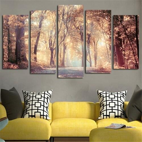 5 Panels Autumn Leaves Tree Landscape Modular Pictures Canvas Modern Wall Art Poster Frame Home Decor HD Printed Painting