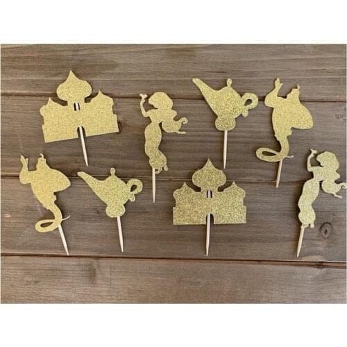 8pcs Princess Magic lamp Gold Glitter Toppers / Princess Cupcake Toppers Party Decor Girl princess party cake decoration