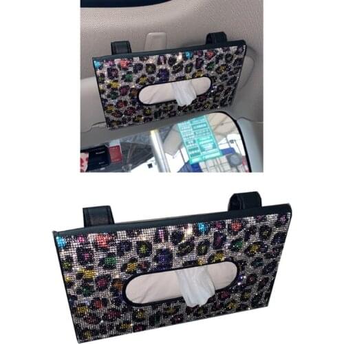 Shiny Vehicle Napkin Holder Car Accessories for Women Girls Ladies Crystal-studded Leopard Grain Tissue Box