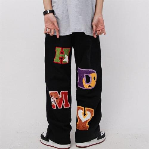 EukaaRu Embroidered Letter Printed Casual Pants Mens Street Fashion Baggy Straight Pants Elastic Waist Drawstring Leggings