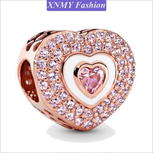 2021 Valentine New Rose Gold Color Pink Heart CZ Zircon Charm Beads Fit Original Pandora Bracelet Diy Women Jewelry Making