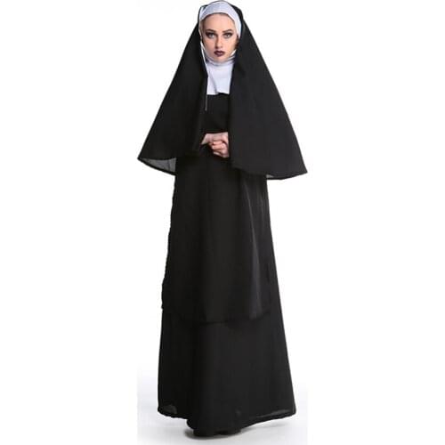 Virgin Mary Nuns Costumes for Women Sexy Long Black The Conjuring Evil Nuns Costume Arabic Religion Monk Ghost Uniform Halloween