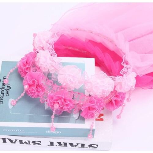 Girls Wedding Hairband 2 Tier Mesh Veil Wreath Crown Lace Flower Imitation Pearl Tassels Dancing Party First Communion Headband