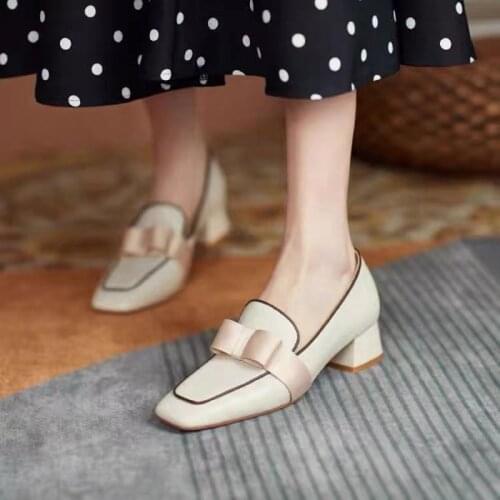 Elegant Square toe bow-knot pumps woman loafers grandma shoes female slip on solid tacones thick med-high heels shoes women 2021