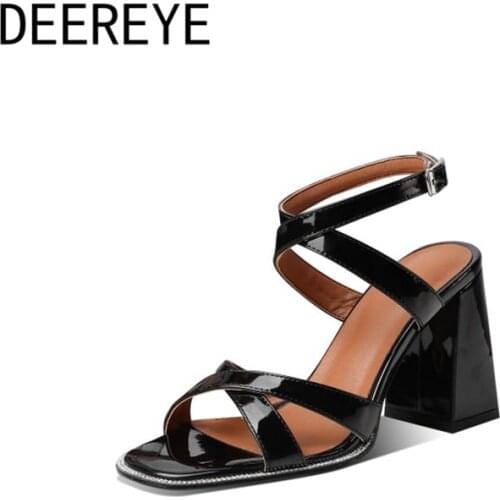Elegant Mirrored Patent Leather Two Cross Straps Chunky Block Square High Heel Slingback Ankle Adjustment Sandals Dress Shoes
