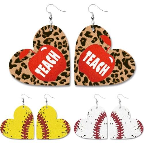 European and American Retro Hot Sale PU Love Heart-shaped Baseball Softball Teachers Day Gift Sports Ball Leather Earrings
