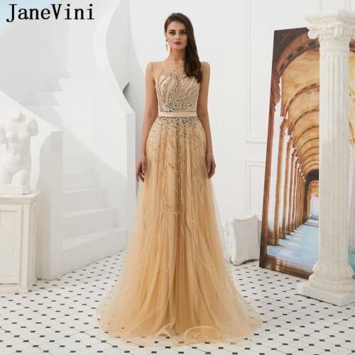 JaneVini Sexy Sparkling Gold Long Prom Dresses 2019 Boat Neck Sleeveless Luxury Beaded Tulle Floor Length Prom Gowns Robe De Bal