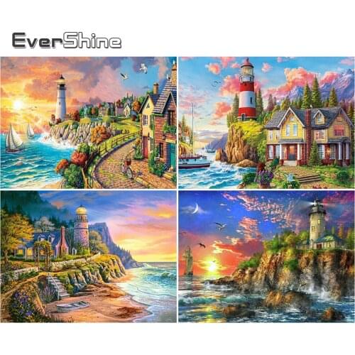 EverShine Diamond Painting Sunset Full Square Diamond Embroidery Scenic Cross Stitch Picture Rhinestone Lighthouse Mosaic Hobby